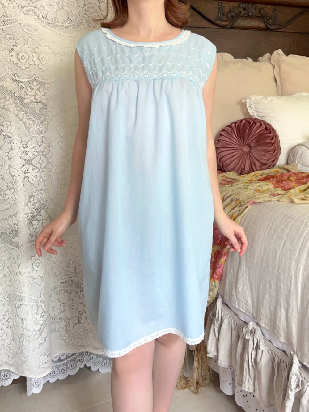 Vintage 60s Blue Babydoll Nightgown, 100% Cotton, White Lace Ruffles, Embroidery